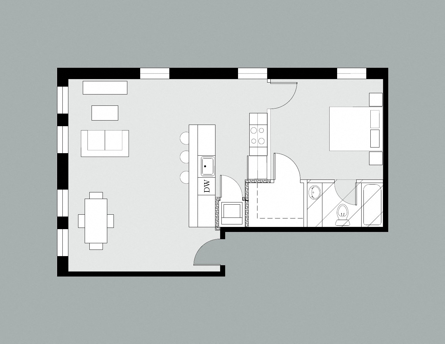 Floor plan for 1 bed, 1 bath, 700 sqft